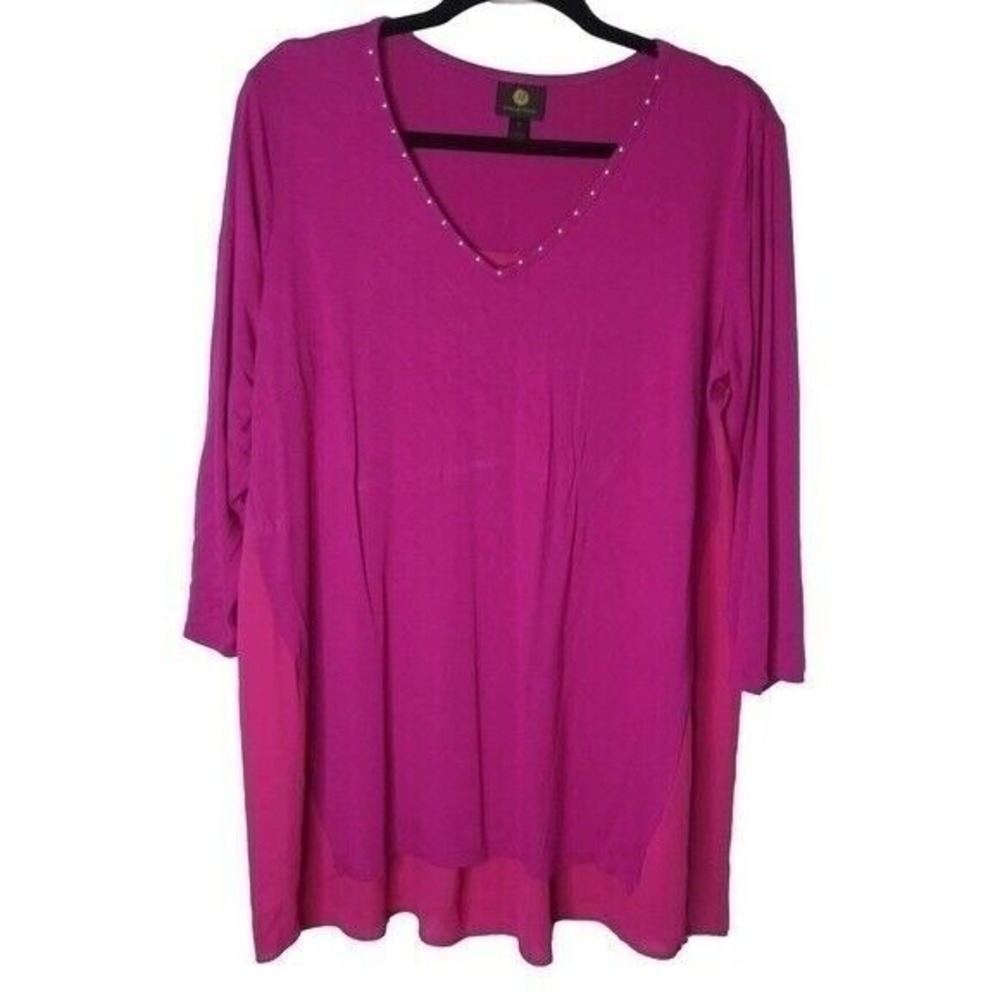 JM‎ Collection Pink Top Womens 1X Fuchsia Studded Neckline Flowy Blouse Tunic